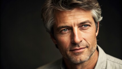 single dad son talking concept. Mature man with gray hair and thoughtful expression.