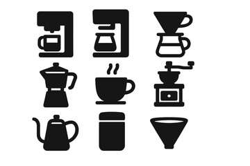 Coffee icons set. Minimalist silhouette vector collection of coffee making equipment. Symbols for barista, cafe menu. Drip machine, moka pot, grinder, pour over, kettle.