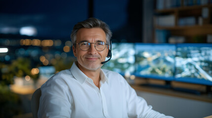 Fototapeta premium Empowering professor conducting a virtual class for remote university participants from a home office setup with dual monitors a headset and neatly organized bookshelves capture