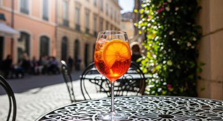 Refreshing Aperol Spritz on a Sunny Italian Street Cafe Table.