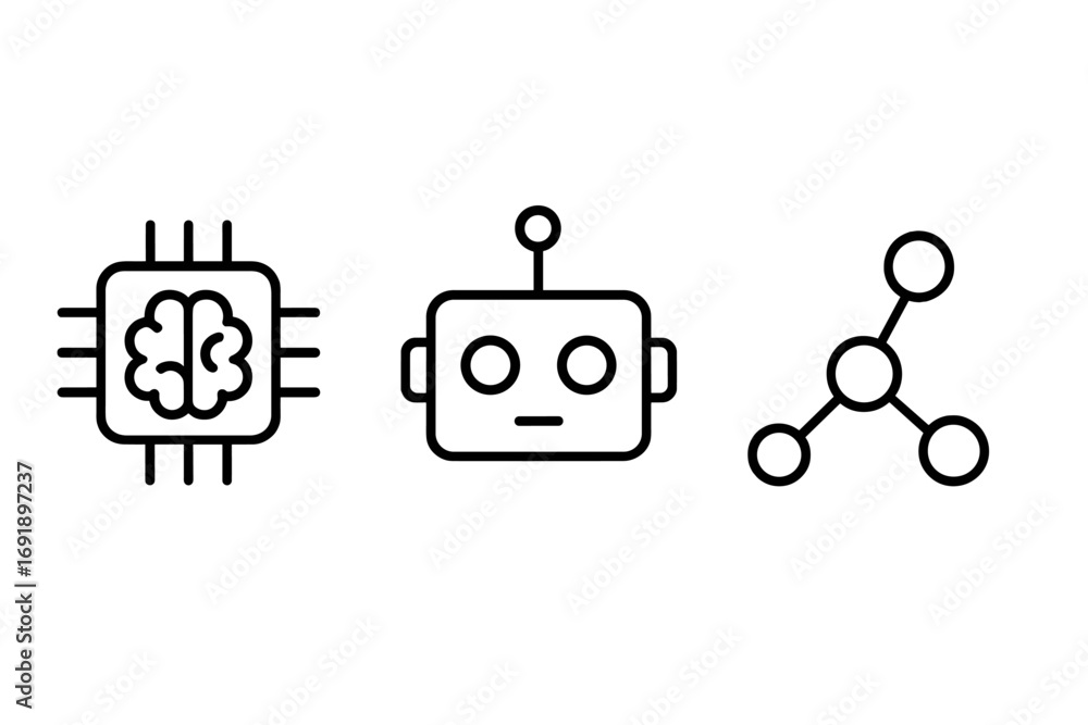 Aufkleber minimalistic black outline technology icons set with ai brain chip, robot face, and connectivity net