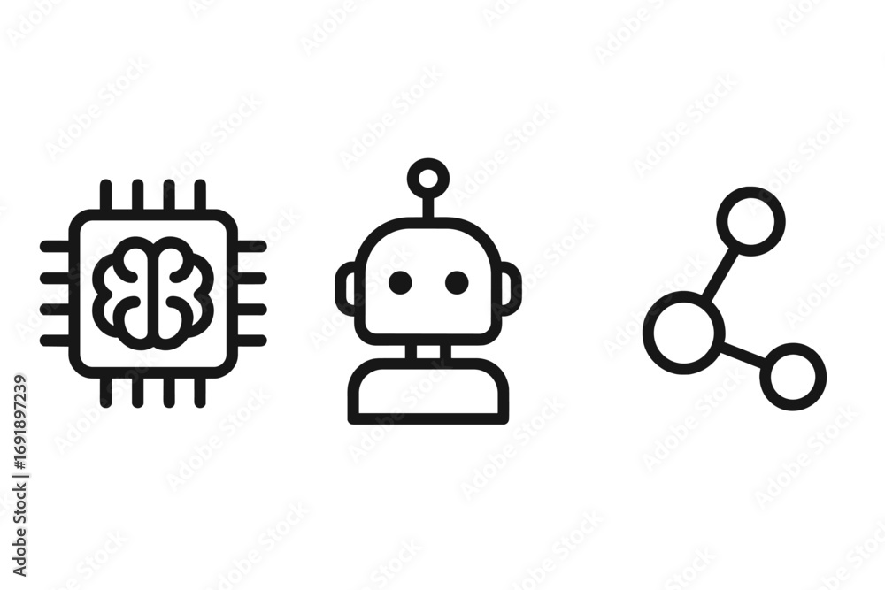 Aufkleber minimalistic technology icons set featuring ai chip with brain, friendly robot, and connectivity nod