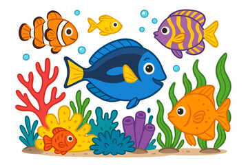 Fototapeta premium Cute cartoon fish set. Colorful underwater sea life scene. Vector illustration of clownfish, blue tang, swimming in ocean with coral reef, seaweed. Marine animal collection.