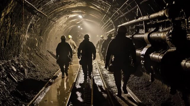 Coal miners going down a coal mine