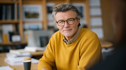 Thoughtful professor engaging in one on one tutoring with a university scholar at a desk in a quiet office filled with academic journals a coffee mug and framed diplomas present