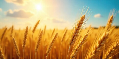 Golden wheat field shimmering under a bright sun, ripe for harvest Abundant, sun-drenched stalks ready for reaping A picturesque autumnal scene of nature's bounty , stalks, field
