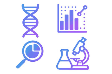Modern gradient science icons set with DNA helix, data chart, magnifying glass with pie chart, and microscope with flask, vector cartoon illustration for research, analysis, and technology design