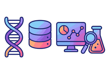 Modern gradient science icons DNA data analysis research tools, vector cartoon illustration, transparent background, ordered set, biotechnology, laboratory, technology, research concepts