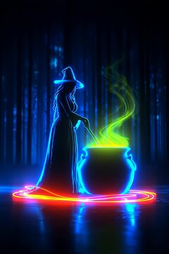 Pixel Art Witch Brewing Potion in Dark Forest