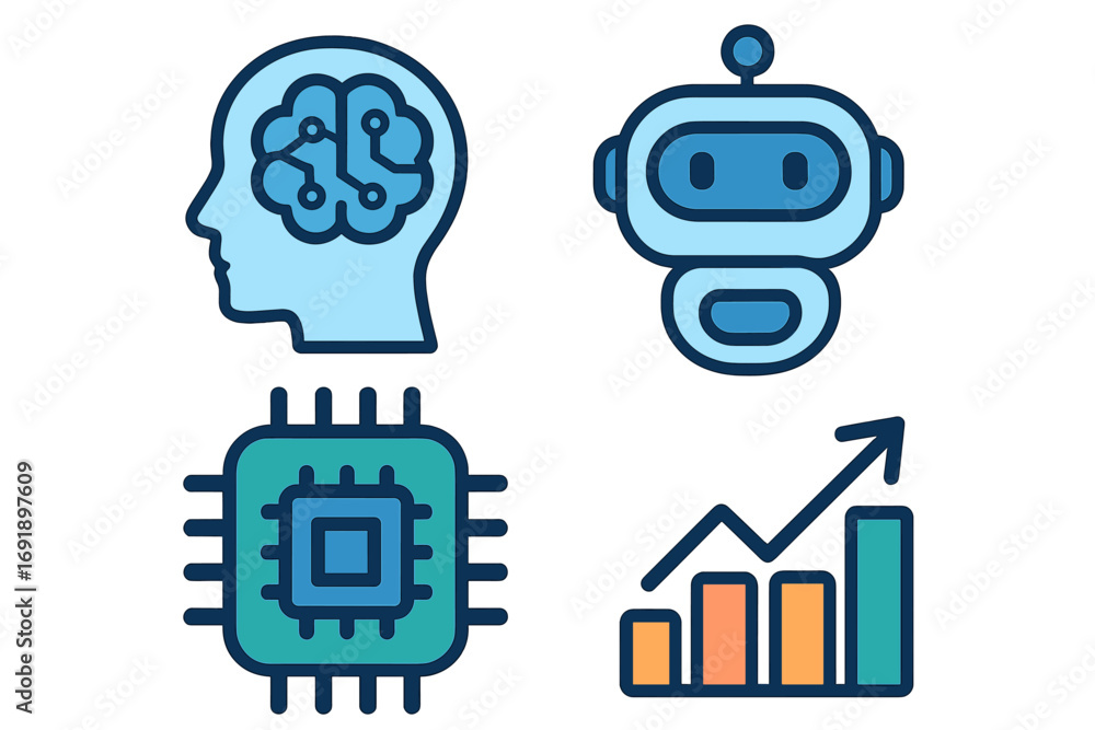 Aufkleber modern technology icons set including ai brain, chatbot robot, microchip, and growth chart in flat d