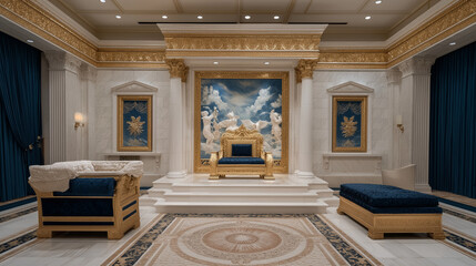 Obraz premium Heavenly God’s radiant presence with cherubs in a golden celestial throne room with flowing light beams depicted in a masterful photo featuring acute focus harmonious