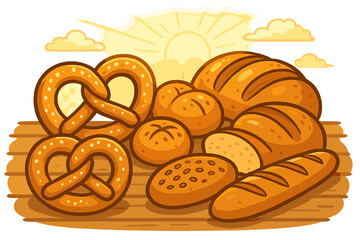 Bakery assortment of fresh baked goods. Cartoon vector illustration of bread, pretzel, rolls, loaf, and baguette. Morning breakfast food showcase with sun rising. Pastry.
