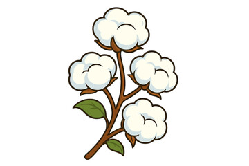 Cotton plant branch with fluffy bolls. Vector cartoon illustration isolated on white. Natural organic raw material for textile and fabric. Symbol of softness and purity.