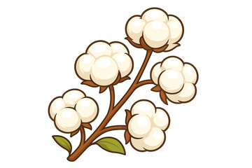 Cotton plant branch vector illustration with fluffy bolls. Natural, organic fiber for textile and fabric. Botanical cartoon art for agriculture and harvest theme design element.