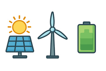 Renewable energy icons set with solar panel, wind turbine, and battery symbols, eco-friendly power concept, green energy cartoon vector illustration with transparent background