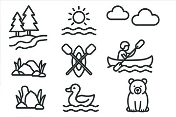 Riverside adventure icons set, nature outline symbols with canoeing, kayaking, sun, clouds, duck, bear, rocks, trees, water wildlife, outdoor activity vector illustration