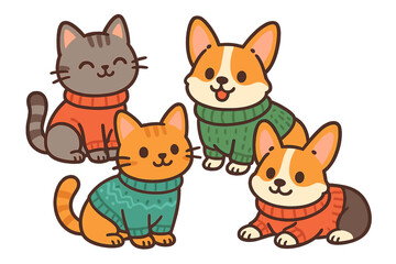 Cute cats and corgi dogs wearing cozy winter sweaters. Adorable pet friends group. Kawaii cartoon character vector illustration set for kids. Autumn animal design elements.