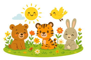 Cute cartoon animal friends enjoying a sunny day. Happy bear, tiger, and rabbit in a spring flower meadow. Smiling sun and little bird. Vector illustration for children.