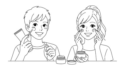 Joyful young couple applying skincare products together in a minimalist line art illustration promoting self care and healthy skin routines