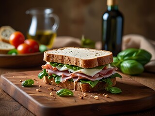 A fresh sandwich with ham, cheese, and leafy greens on whole grain bread, set on a wooden board with basil, tomatoes, olive oil, and bread in the background.