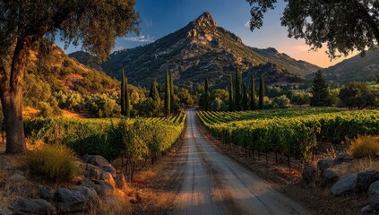 Winding road through vineyard landscape at sunrise