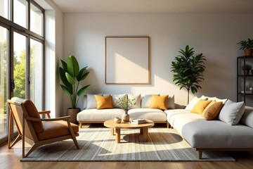 Cozy and inviting living room interior with comfortable seating, natural light streaming through large windows, and stylish decor Perfect for relaxation and family time , artwork, couch