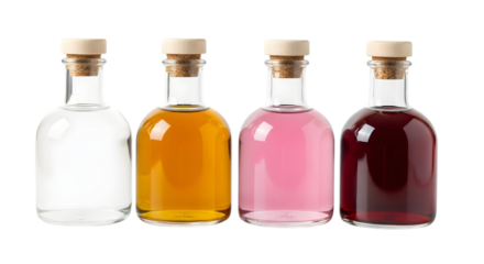 Four glass bottles with colorful liquids isolated on transparent background
