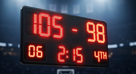 Close-up of a digital basketball scoreboard displaying the score 105-98, time 2:15 in the 4th quarter, and 6 fouls.