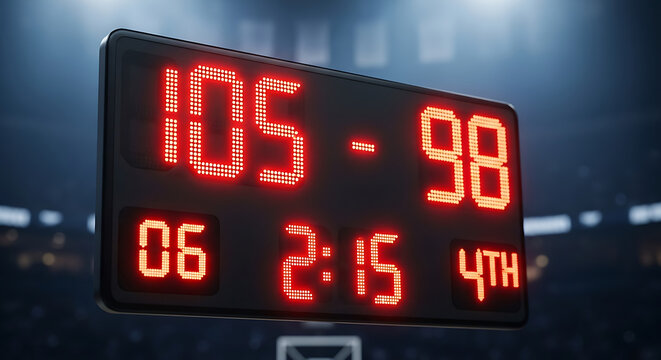 Close-up of a digital basketball scoreboard displaying the score 105-98, time 2:15 in the 4th quarter, and 6 fouls.
