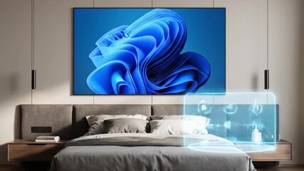 Modern bedroom with smart home interface overlaying a bed - Powered by Adobe