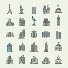 "Minimalist flat vector icon set, black and white, simple clean line design, scalable, professional, perfect for web, app, business, technology, education, travel, healthcare, finance, UI/UX, infograp