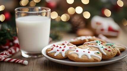 Christmas cookies on plate with a glass of milk