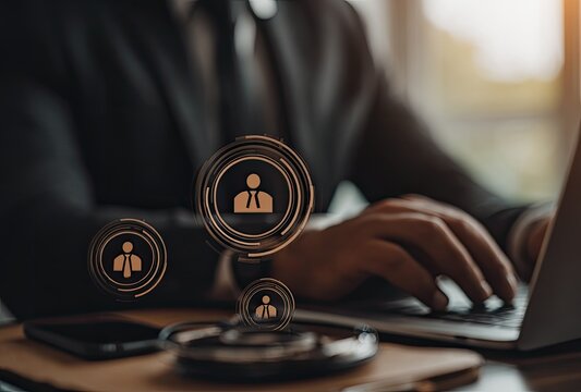 Businessman working on laptop, profile icons overlay