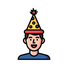 A smiling person wearing a festive polka dot party hat with a star on top.