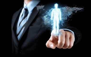 Businessman's finger touches a digital holographic person