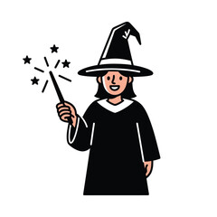 Illustration of a smiling person wearing a wizard hat and holding a wand with stars.