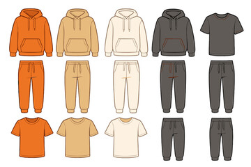 Vector casual clothing sets. Flat illustration of hoodie, t-shirt, sweatpants. Sportswear tracksuit fashion mockup. Apparel template for modern streetwear or loungewear design.