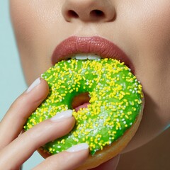  girl taking a bite of adelicious Image of a girl taking a bite of a delicious donut with a green top and yellow, typical American food