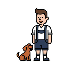 A man in traditional Bavarian attire stands with a small brown dog.