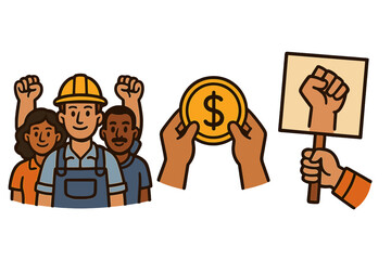 Labor Day vector icon set. Workers rights, union protest, and fair wages concept. Diverse group of people with raised fists. Solidarity and collective bargaining illustration.