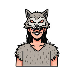 A cartoon illustration of a person smiling while wearing a detailed wolf mask and a furry costume.