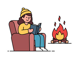 A person in a yellow hat and sweater reading a book by a fireplace.