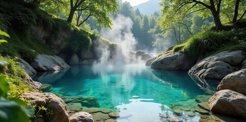 Serene landscape featuring a steaming hot spring nestled amidst lush greenery, surrounded by rocks and natural beauty  Ideal for relaxation and wellness themes ,  hot water,  spa