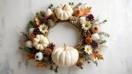 Autumn wreath with pumpkins and pinecones on white background
