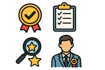Quality assurance icon set. Control process and standard certification badge. Evaluation and inspection checklist. Professional expertise, business expert review symbol.