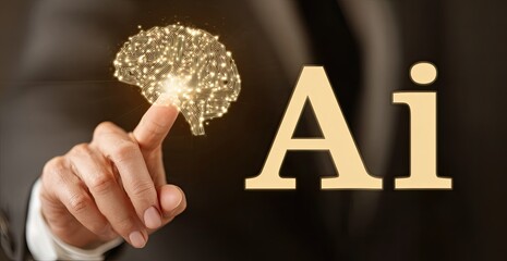 Businessperson's finger touches a holographic brain, AI concept
