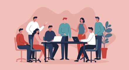 Diverse business team collaborating in a modern office meeting, discussing projects with laptops. Ideal for corporate, teamwork, and professional development concepts.