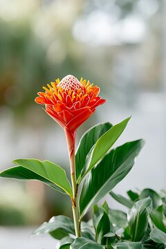 Vibrant Red Ginger Flower with Green Leaves