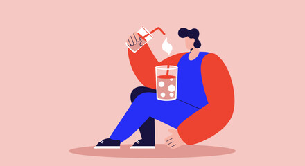 Illustration of a person casually pouring a refreshing beverage into a glass, highlighting leisure, hydration, and enjoying a cool drink. Perfect for lifestyle or beverage concepts.