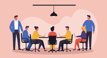 Diverse business team collaborating in a modern office meeting, discussing projects with laptops. Represents teamwork, strategy, and corporate success.